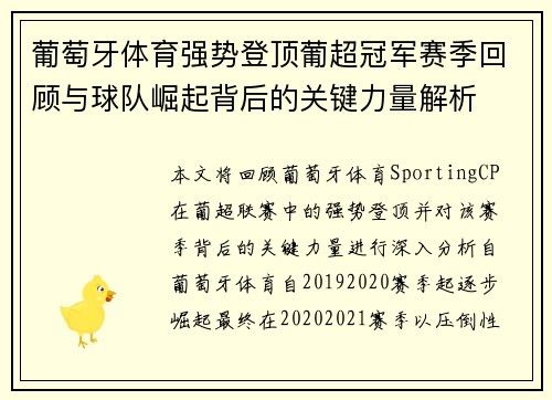 葡萄牙体育强势登顶葡超冠军赛季回顾与球队崛起背后的关键力量解析 葡萄牙体育强势登顶葡超冠军赛季回顾与球队崛起背后的关键力量解析
